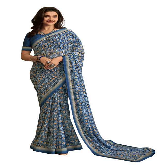 Catchy Forever's Latest Design Georgette Printed Saree (Blue, Free Size) (C-187)