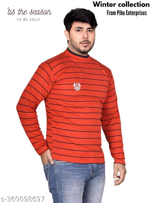 Woolen Striped Sweater for Men (Red, M)