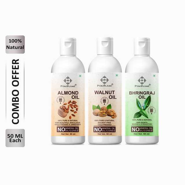 Puriflame Pure Almond Oil (50 ml), Walnut Oil (50 ml) & Bhringraj Oil (50 ml) Combo for Rapid Hair Growth (Pack Of 3) (B-8885)