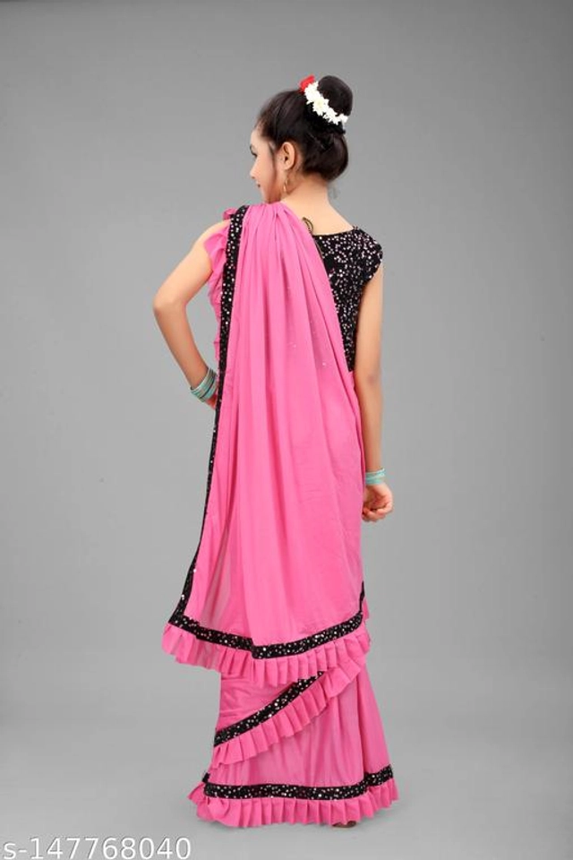 Solid Fancy Saree for Girls with Blouse (Pink, 3-4 Years)