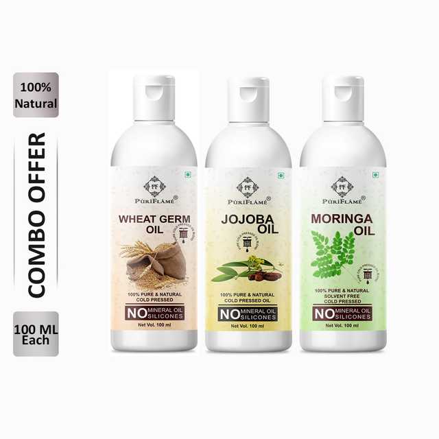 PuriFlame Pure Wheat Germ Oil (100 ml) & Jojoba Oil (100 ml) & Moringa Oil (100 ml) Combo For Rapid Hair Growth (Pack Of 3) (B-8272)