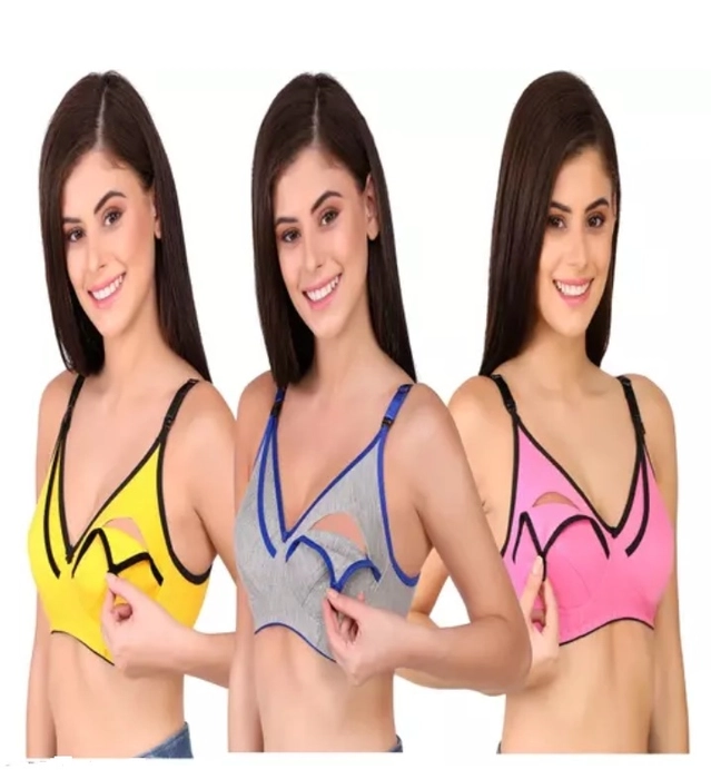 Polycotton Non Padded Bras for Women (Multicolor, 32) (Pack of 3)