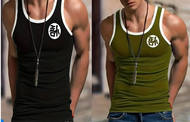 Cotton Blend Printed Gym Vest for Men (Black & Olive, M) (Pack of 2)