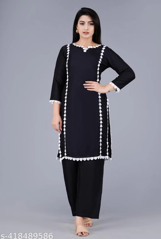 Rayon Solid Kurti with Palazzo for Women (Black, S)