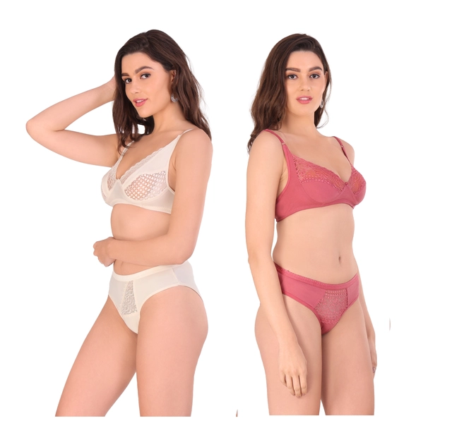 Cotton Blend Solid Non Padded Lingerie Set for Women (Multicolor, 30) (Pack of 2)