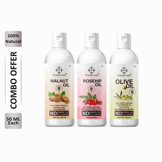 Puriflame Pure Walnut Oil (50 ml), Rosehip Oil (50 ml) & Olive Oil (50 ml) Combo for Rapid Hair Growth (Pack Of 3) (B-14081)