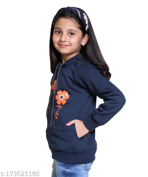 Woolen Printed Hoodie for Girls (Navy blue, 3-4 Years)