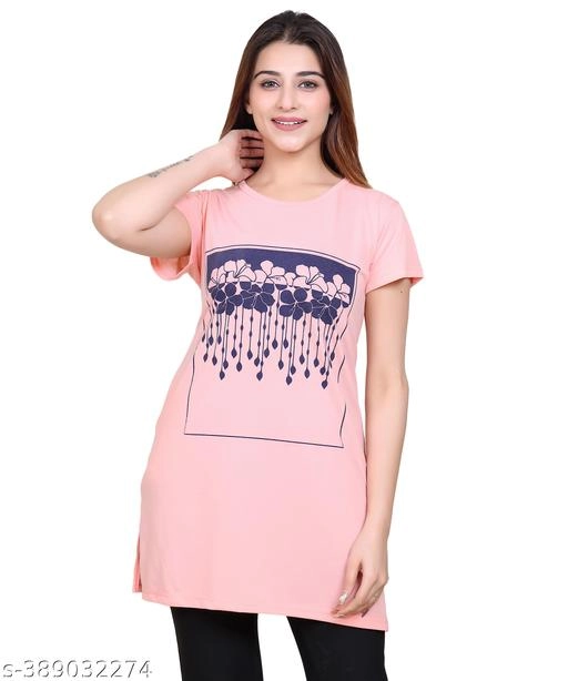 Round Neck Printed Long T-Shirt for Women (Peach, XL)