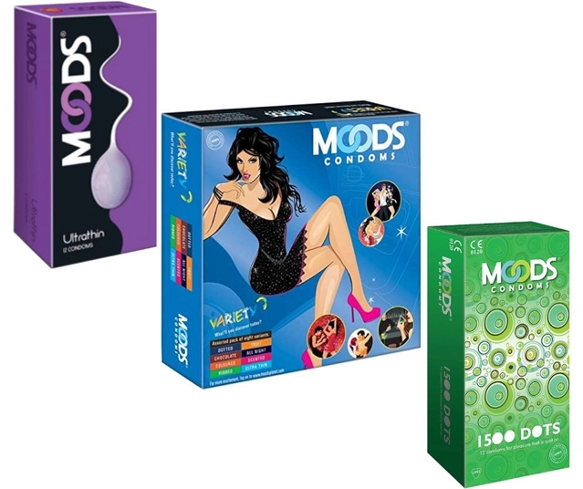 Moods 1500 Dots with Ultra Thin (2x12 Pcs) & Variety (16 Pcs) Dotted Condoms for Men (Set of 3)