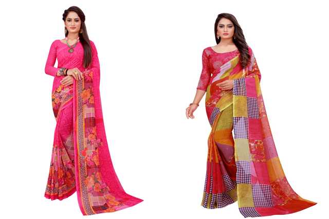 Florences Womens Georgette Saree With Unstiched Blouse (Magenta & Red, 5.5 m) (F1229) (Pack of 2)