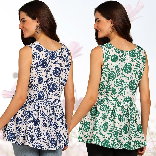 Rayon Printed Flared Top for Women (Blue & Green, S) (Pack of 2)