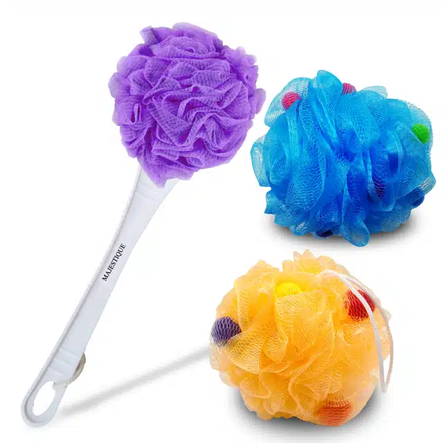 Majestique Shower Scrub Sponge with Long Handle Back Scrubber Brush and Body Wash Puff (Combo of 3) (B-08)