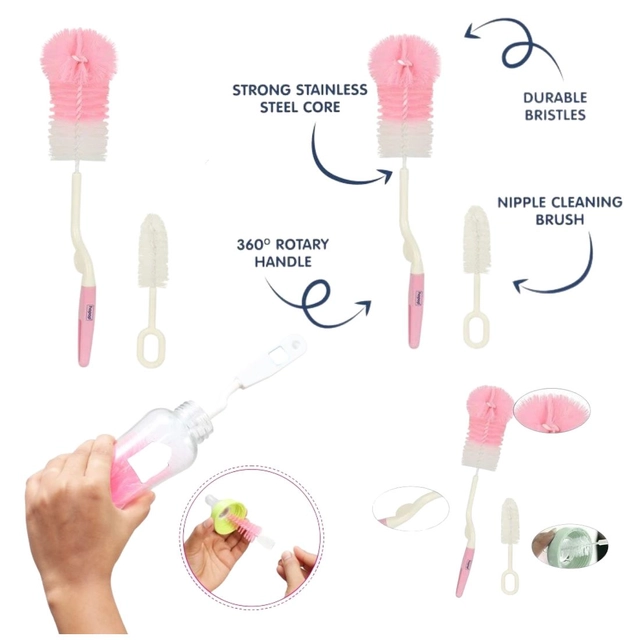 Combo of Nipple & Bottle Cleaning Brushes (Pink & White, Set of 2)