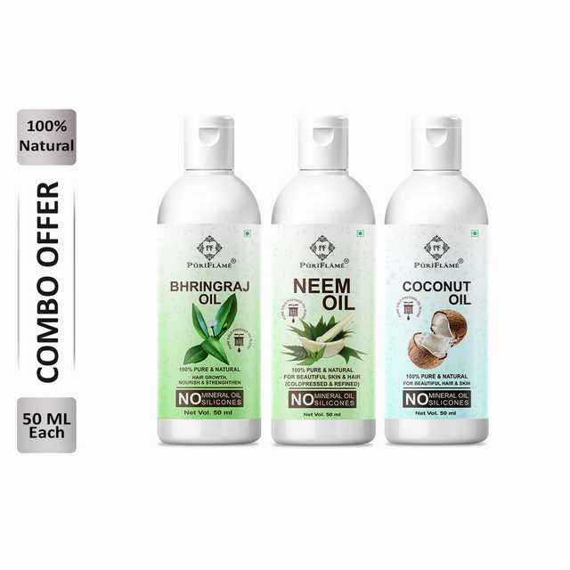 Puriflame Pure Bhringraj Oil (50 ml), Neem Oil (50 ml) & Coconut Oil (50 ml) Combo for Rapid Hair Growth (Pack Of 3) (B-9398)