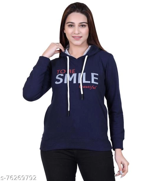 Cotton Blend Printed Hoodie for Women (Navy Blue, M)