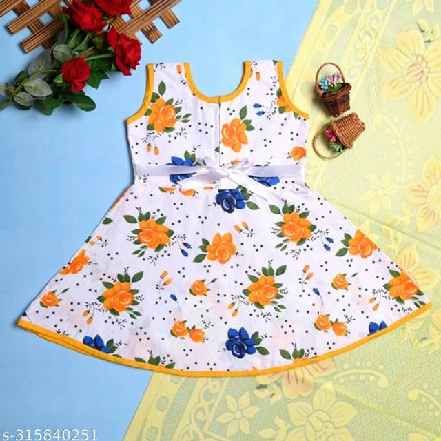 Cotton Frock for Girls (Yellow & White, 6-9 Months)