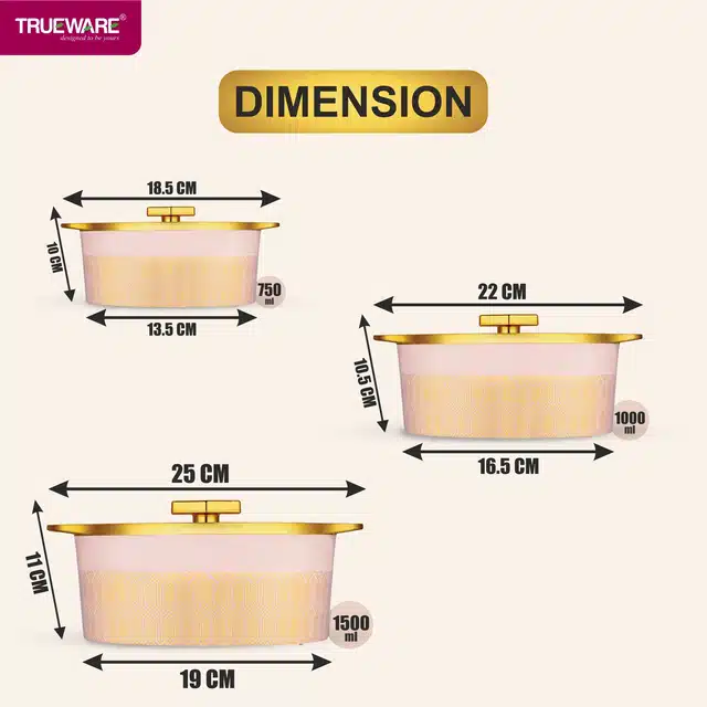 Combo of 750 ml, 1000 ml & 1500 ml Casserole with Lid (Gold & Light Pink, Pack of 3)