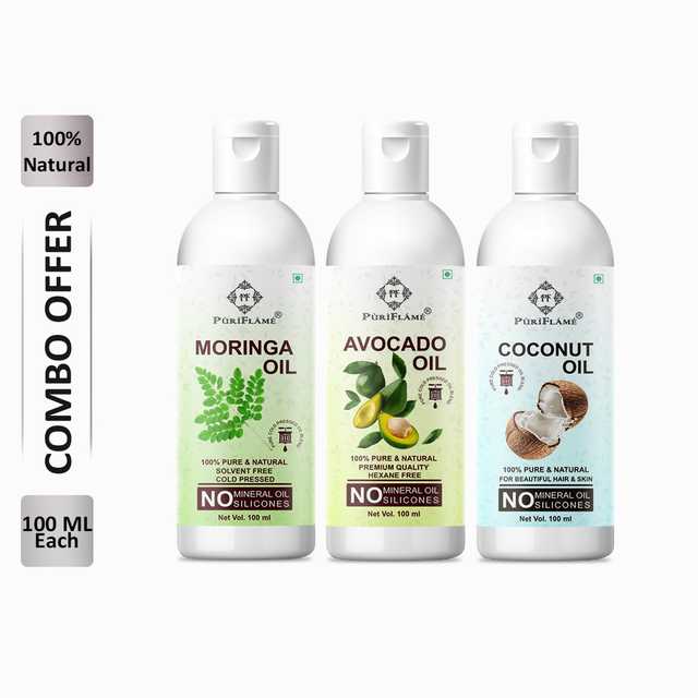 PuriFlame Pure Moringa Oil (100 ml) & Avocado Oil (100 ml) & Coconut Oil (100 ml) Combo For Rapid Hair Growth (Pack Of 3) (B-5387)