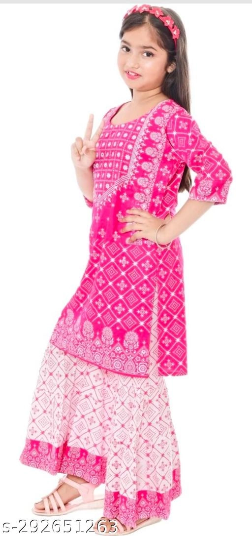 Rayon Kurta Set for Girls (Pink & White, 11-12 Years)