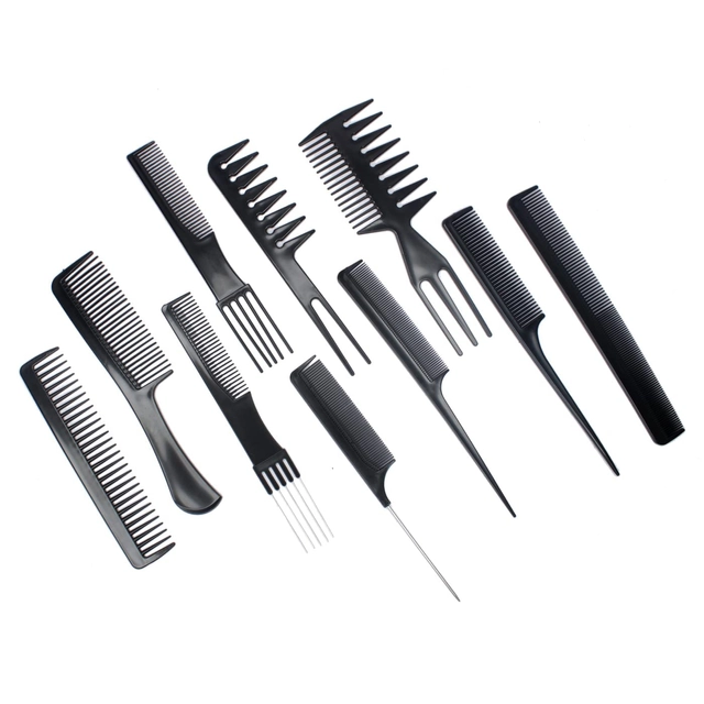 Professional Hair Cutting & Styling Combs Set (Black, Set of 10)