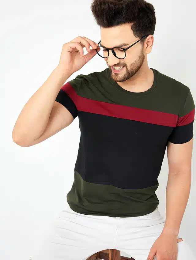 Men's Color Blocked Casual T-shirt (Olive Green, S)