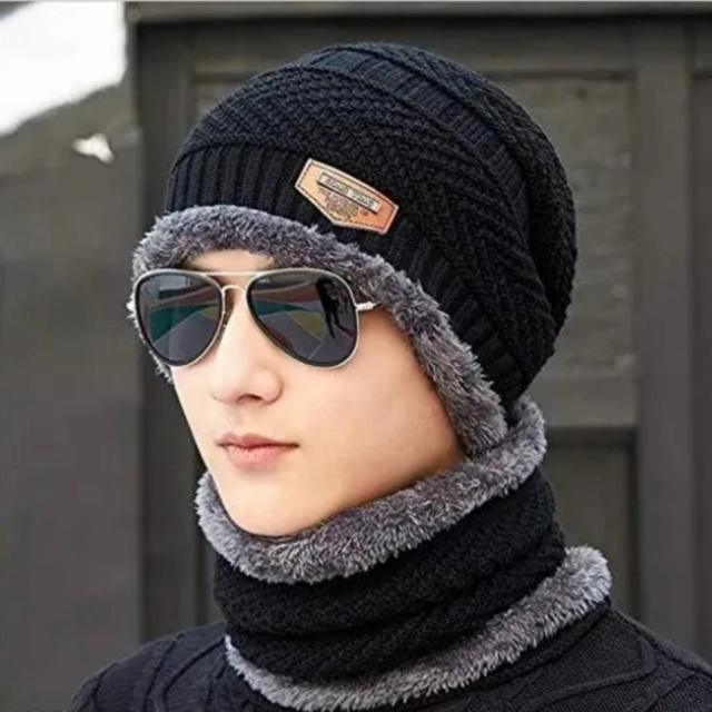 Woolen Cap with Neck Warmer for Men & Women (Black, Set of 1)