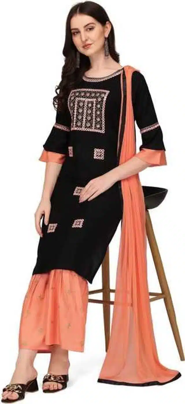 Women Cotton Rayon Embroidered Kurta And Sharara Set (Black, M) (SD-20)