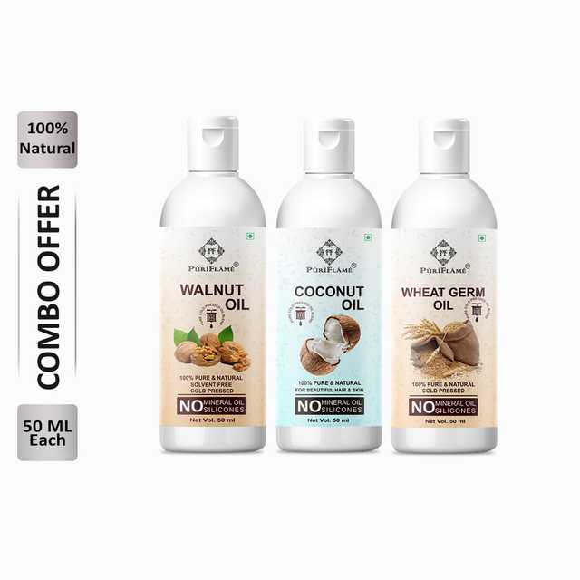 Puriflame Pure Walnut Oil (50 ml), Coconut Oil (50 ml) & Wheat Germ Oil (50 ml) Combo for Rapid Hair Growth (Pack Of 3) (B-13915)