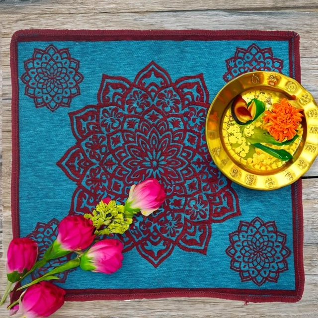 Chenille Velvet Pooja Mats (Teal, 60x60 cm)