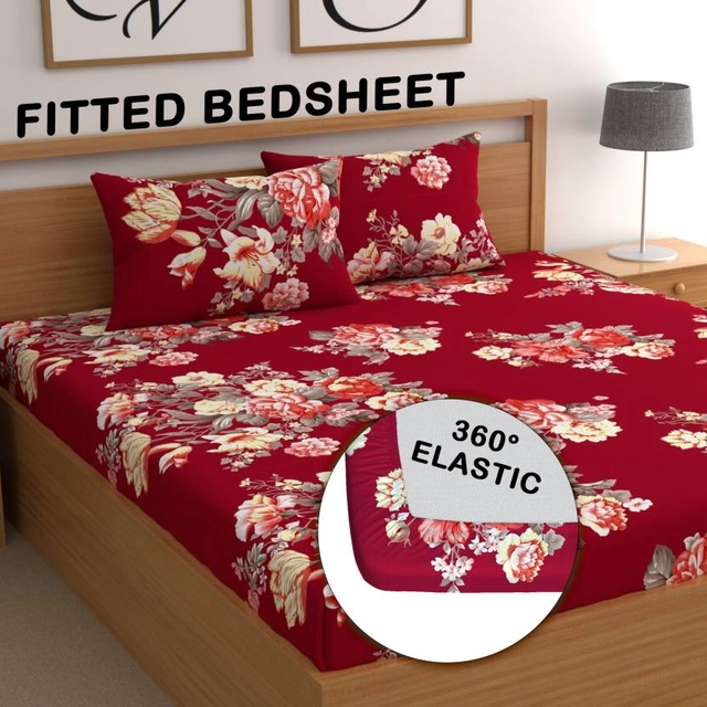 CG Homes 180 TC Fitted Elastic Double Printed Bedsheet With 2 Pillow Cover Cotton (Red)