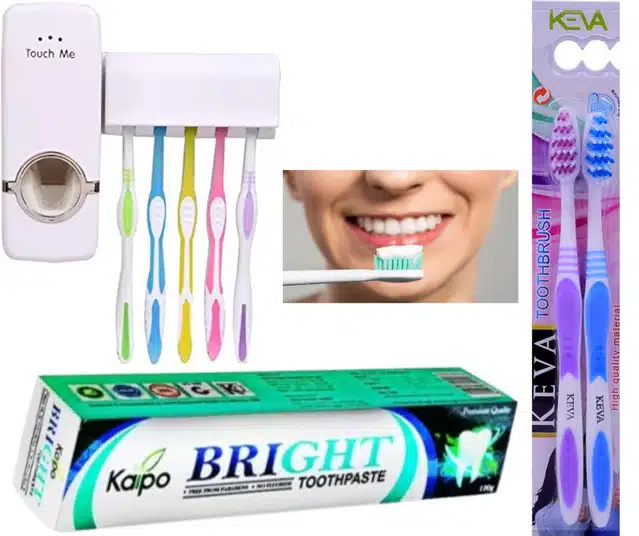 Kaipo Bright Toothpaste (100 g) with Keva Toothbrushes (2 Pcs), Toothpaste Dispenser & Brush Stand (Set of 4)