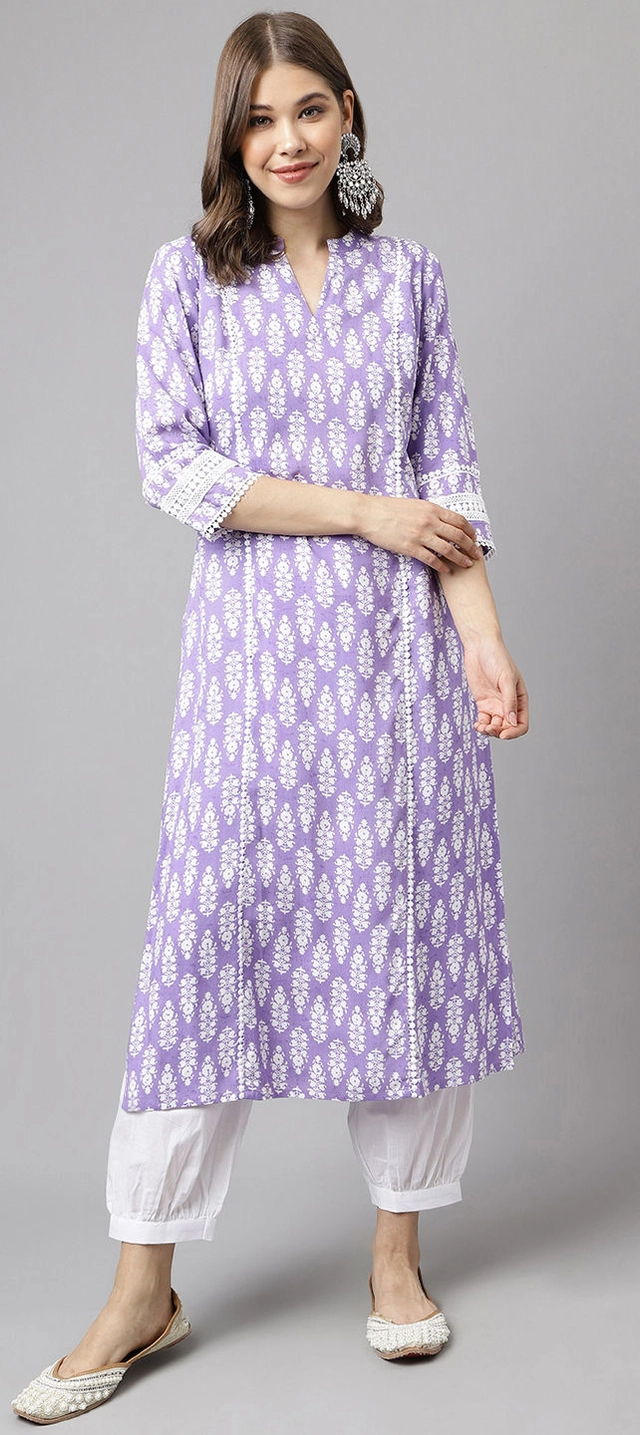 Viscose Rayon Printed Kurti for Women (Lavender, S)