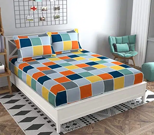 Geometric Double Bedsheet with Two Pillow Covers (Multicolor, 90x90 inches)