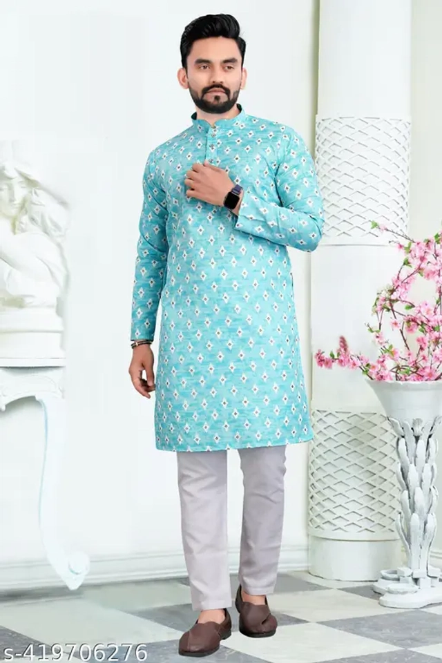 Cotton Blend Printed Kurta with Pyjama for Men (Sky Blue & White, S)