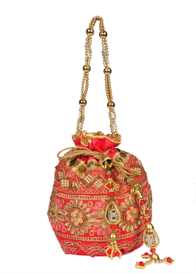 Silk Floral Ethnic Rajasthani Traditional Work Potli with Handle for Return Gifts (Orange)