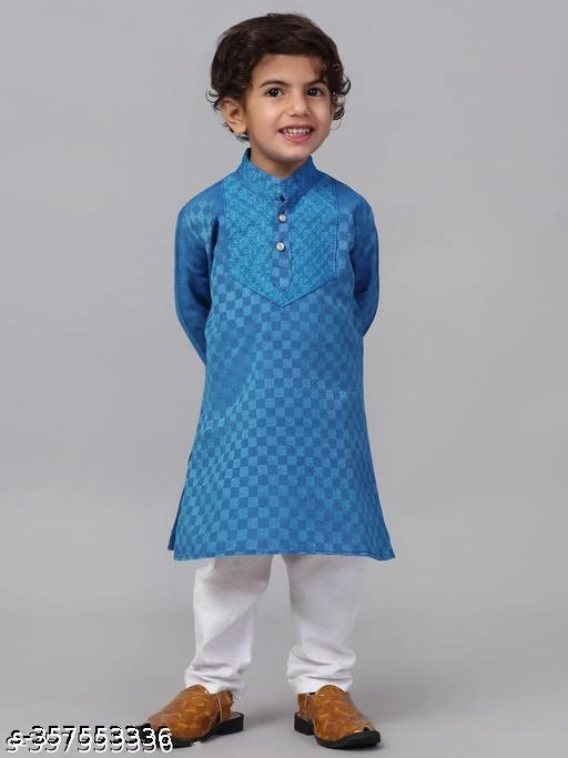 Cotton Blend Kurta with Pyjama for Boys (Blue & White, 9-12 Months)