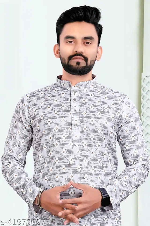 Cotton Blend Printed Kurta with Pyjama for Men (Grey & White, S)