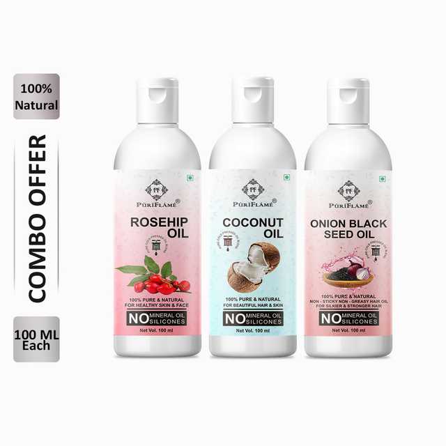PuriFlame Pure Rosehip Oil (100 ml) & Coconut Oil (100 ml) & Onionblackseed Oil (100 ml) Combo For Rapid Hair Growth (Pack Of 3) (B-7177)