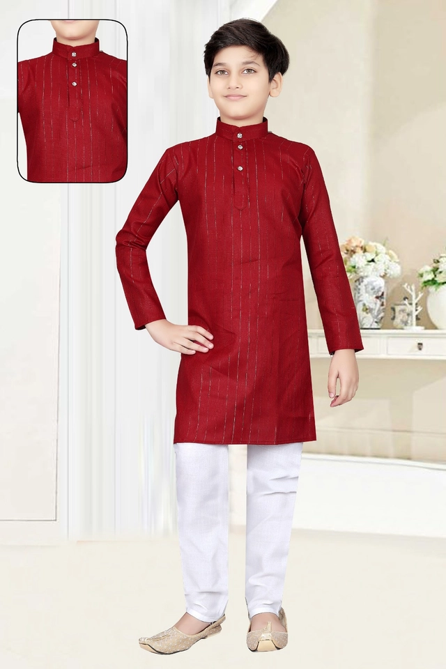 Cotton Full Sleeves Kurta with Pyjama for Boys (Red & White, 3-5 Years)