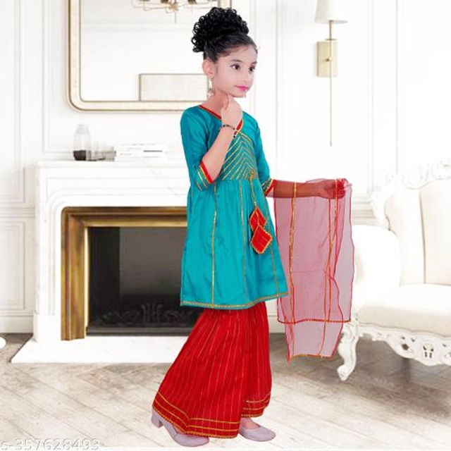 Poly Silk Kurta Sets for Girls (Teal & Red, 2-3 Years)