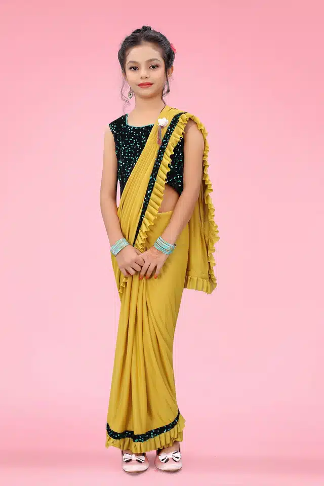 Ready to Wear Saree with Unstitched Blouse for Kids (Yellow, 8-9 Years)