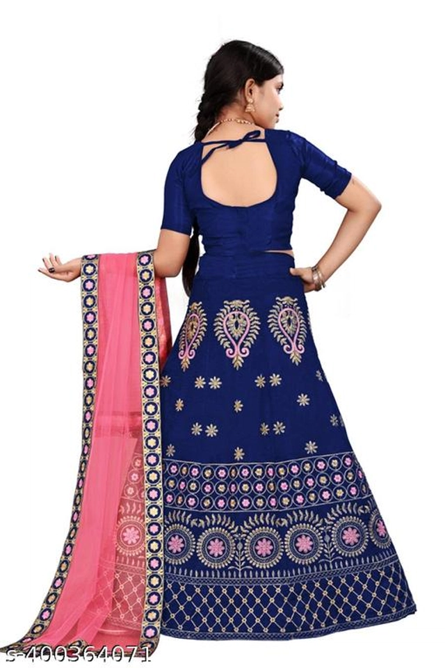 Satin Embroidered Lehenga with Choli & Dupatta for Girls (Blue & Pink, 2-3 Years)