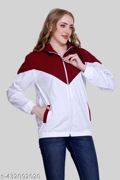 Nylon Solid Jackets for Women (Maroon & White, M)