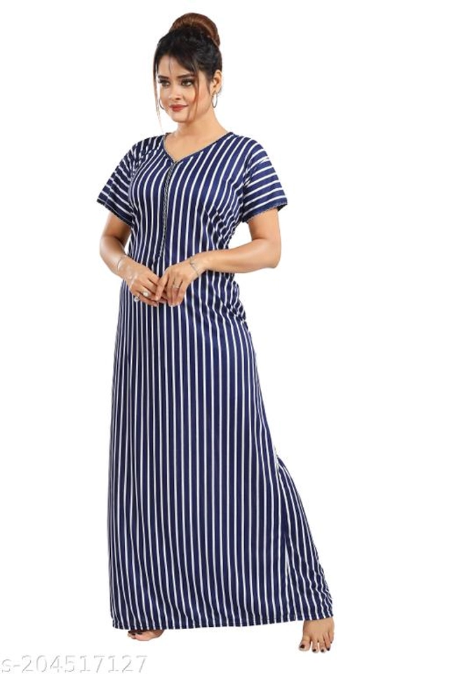 Polyester Nightdress for Women (Navy Blue, L)