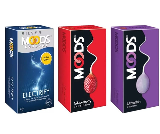 Moods Electricity with Ultra Thin & Strawberry 12 Pcs Dotted Condoms for Men (Set of 3)