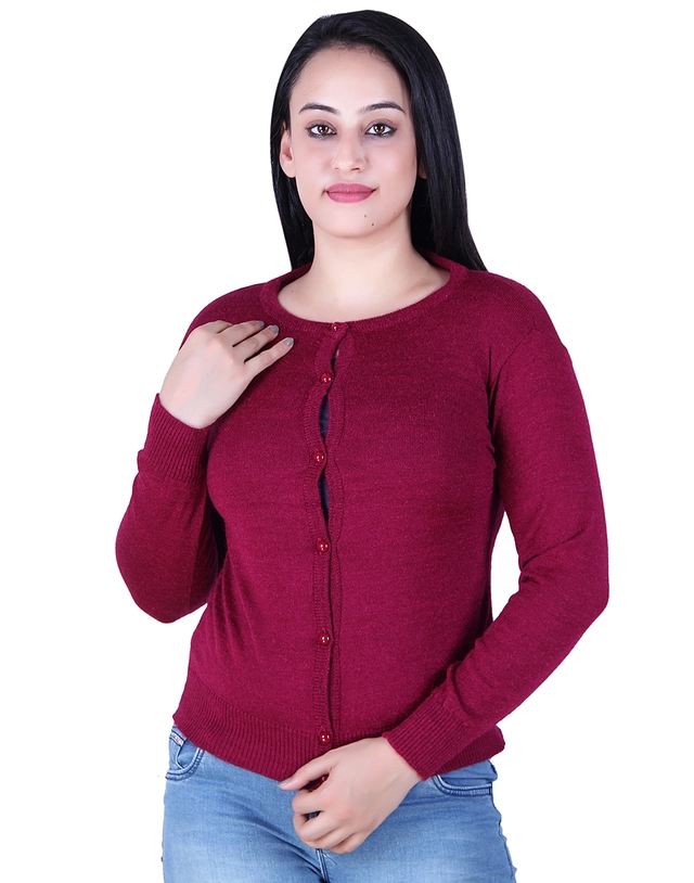 Round Neck Solid Cardigans for Women (Maroon, M)