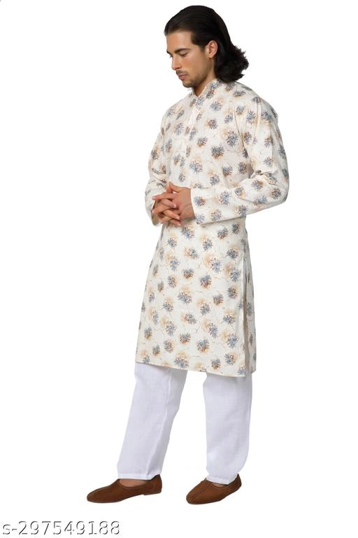 Cotton Printed Kurta with Pyjama for Men (Cream & White, S)