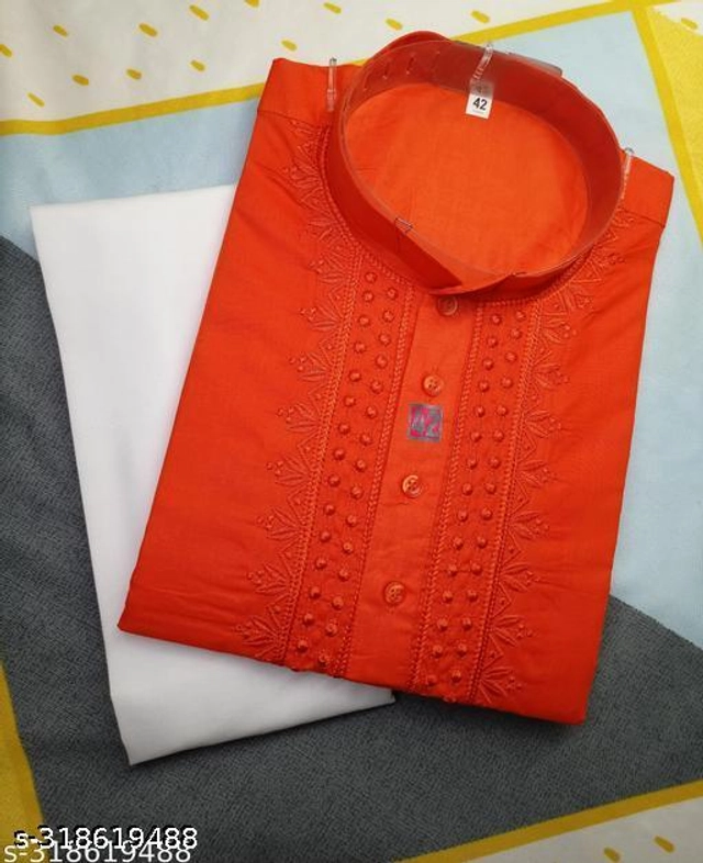 Cotton Embroidered Kurta with Pyjama for Men (Orange & White, M)