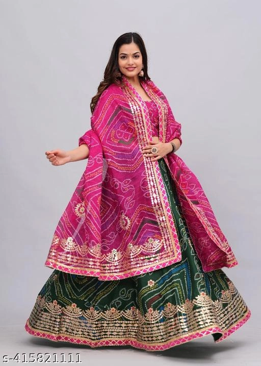 Kota Doriya Bandhani Semi Stitched Lehenga with Choli & Dupatta for Women (Pink & Green)