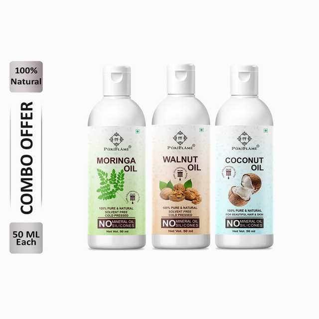 Puriflame Pure Moringa Oil (50 ml), Walnut Oil (50 ml) & Coconut Oil (50 ml) Combo for Rapid Hair Growth (Pack Of 3) (B-11949)